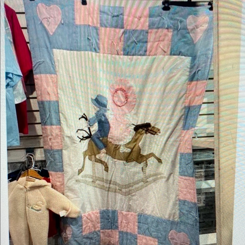 VTG Quilt Baby Blanket Girl Riding Horse Pink Blue Gingham Heart Applique as is